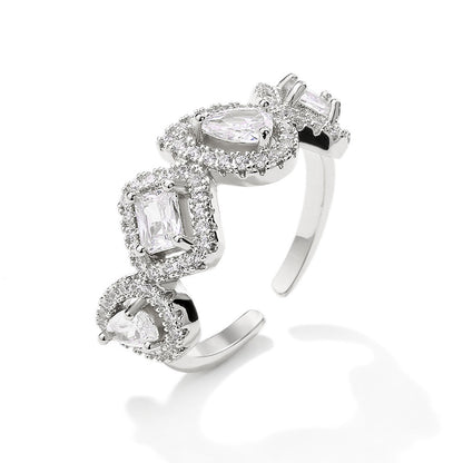 Geometric Square Water Drop Zircon Ring for Women, European and American Fashion Retro Open Ring