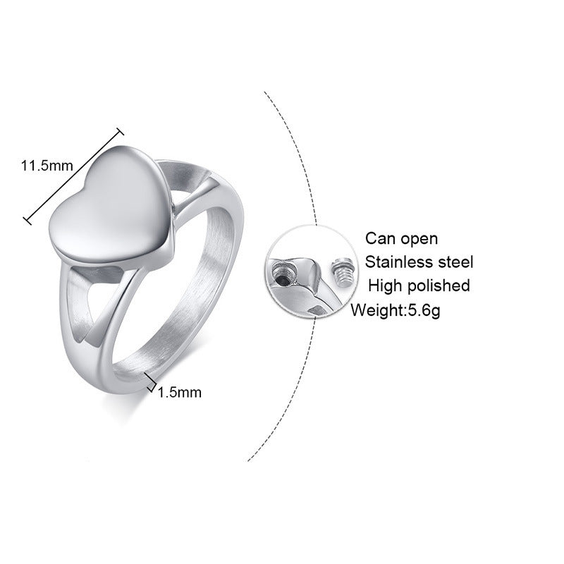Love titanium steel heart-shaped urn casting ring that can be opened for women's pet rings in gold
