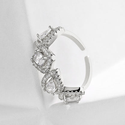 Geometric Square Water Drop Zircon Ring for Women, European and American Fashion Retro Open Ring